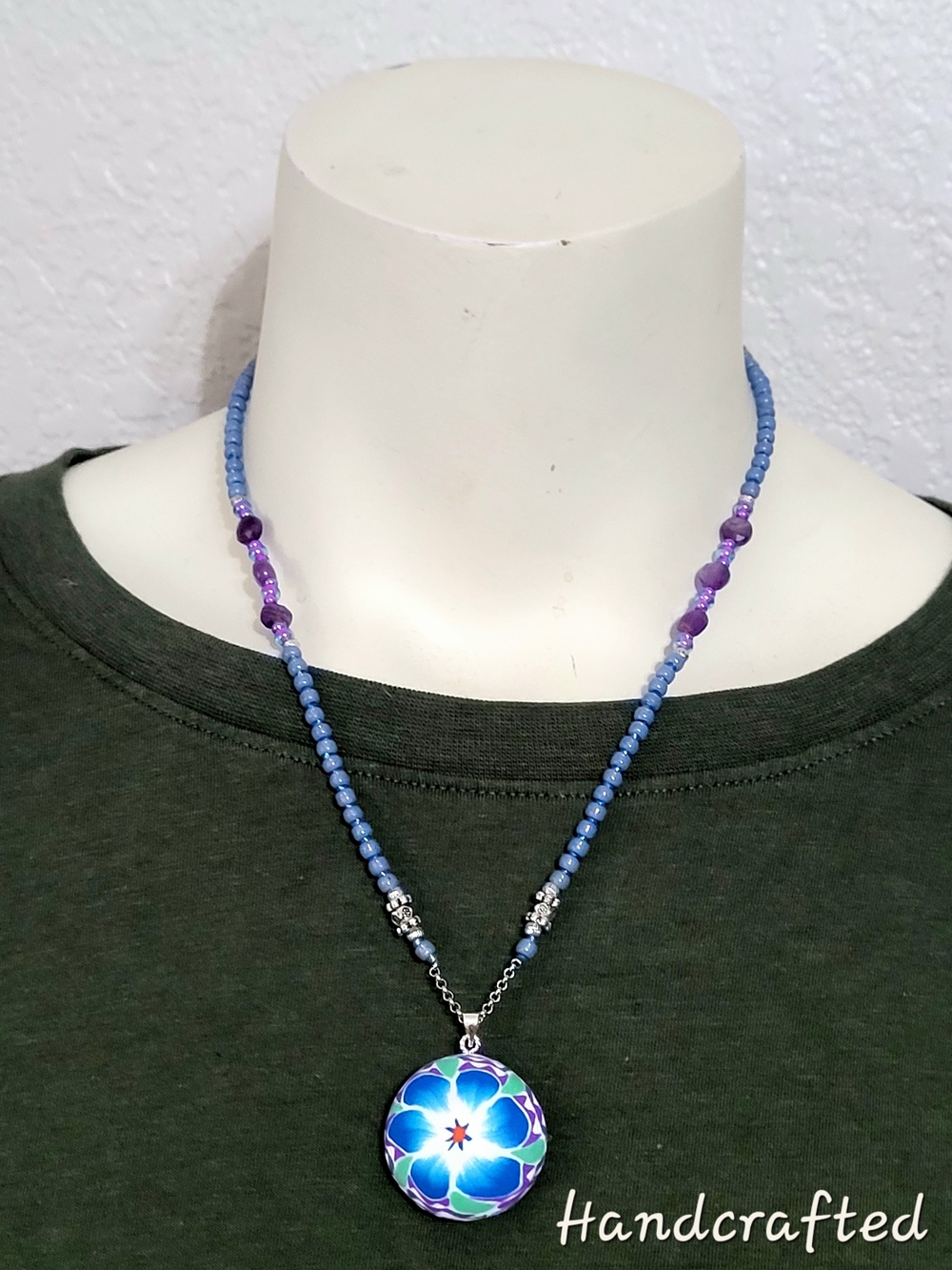 Hand Crafted Blue and Purple Beaded Flower Pendant Necklace